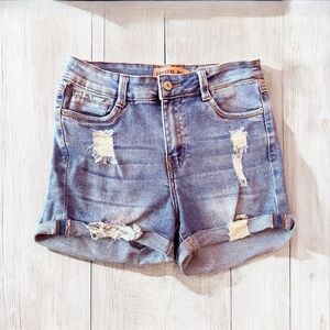 Blue Distressed Jean Shorts with Cuffed Hem